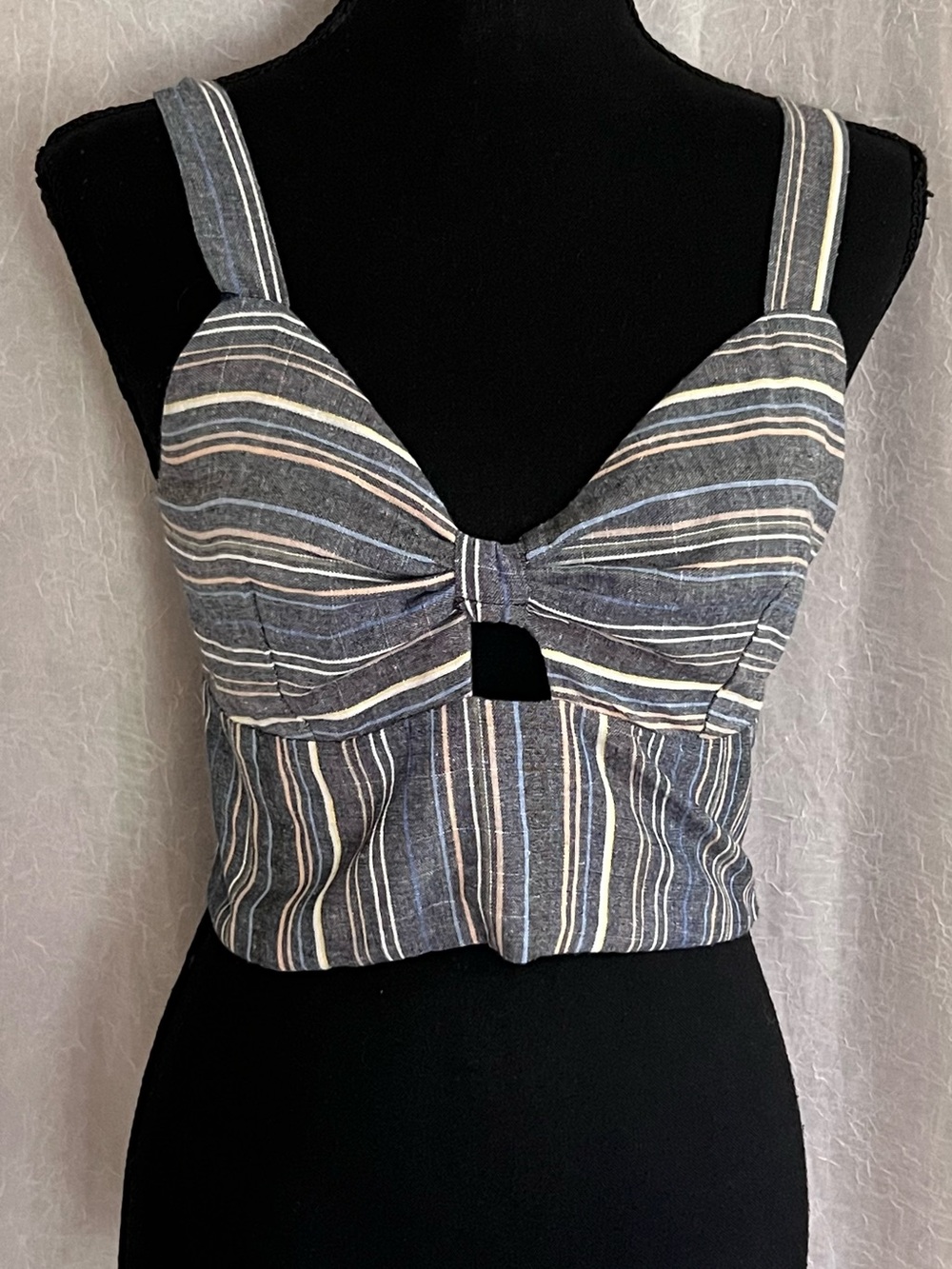 Striped Blue Tie-Front Crop tank with cutout